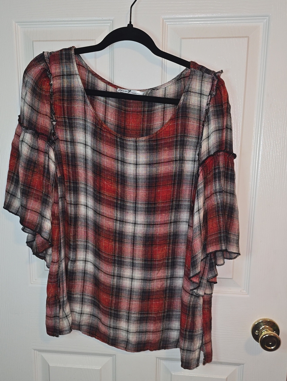 Seven7 Red and Black Plaid Ruffle Sleeve Blouse